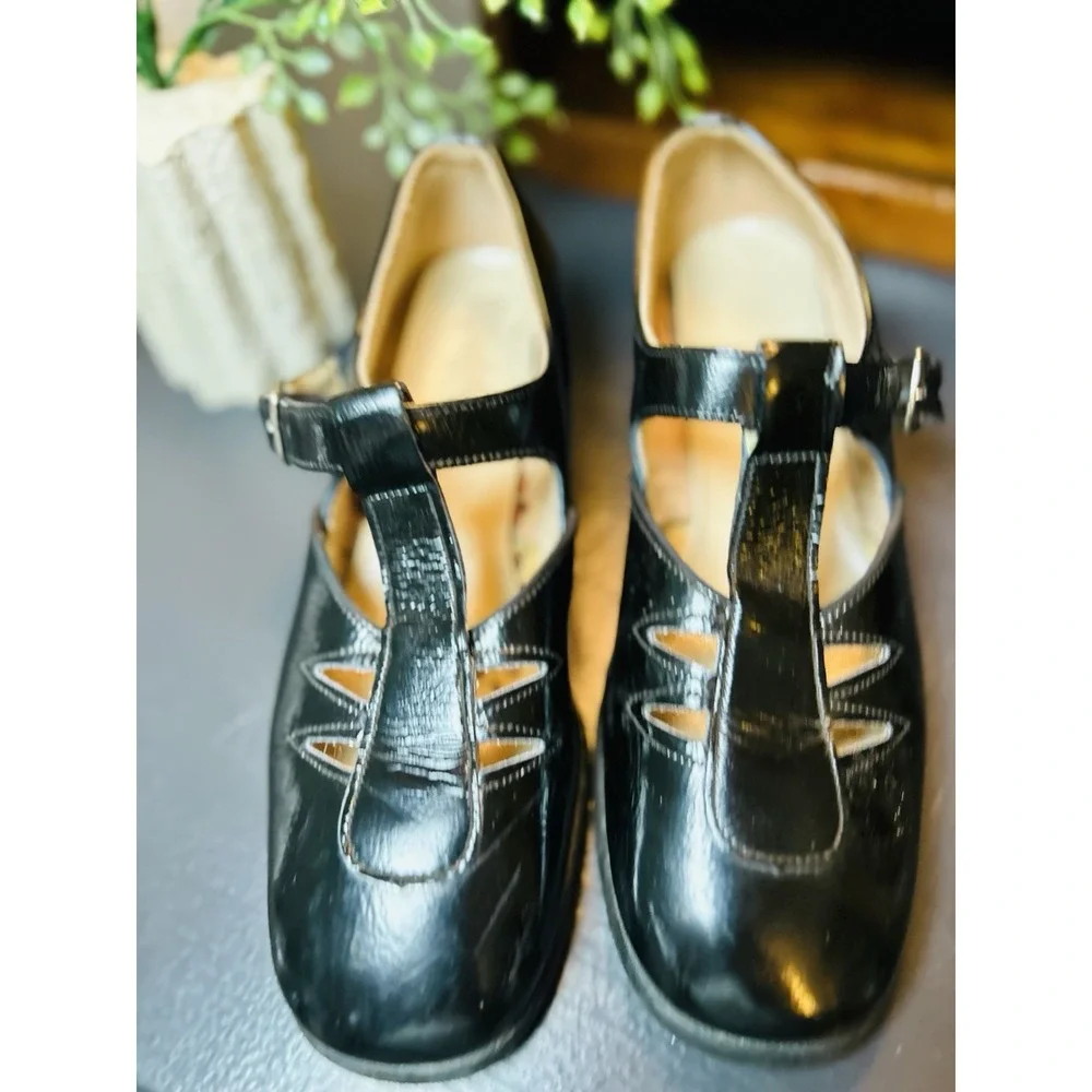 Vintage Girls Leather Shoes Stride Rite 3D Hard Soles T‎ Strap Mary Jane Black